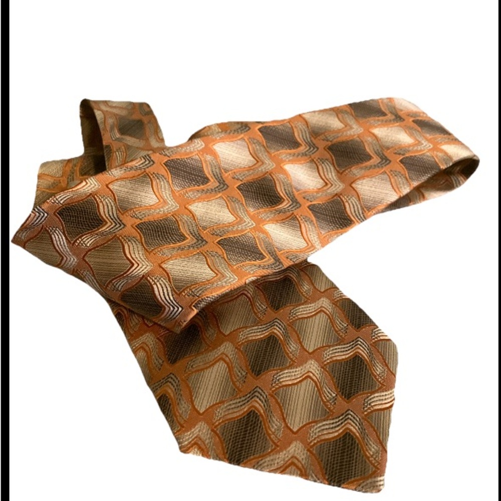 Karl Knox Melon Tan Brown Jacquard Foulard 100% Silk Classic Tie Geometric